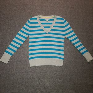 Old Navy‎ Striped V Neck Shirt Womens L Gray Blue Long Sleeve Y2K Top